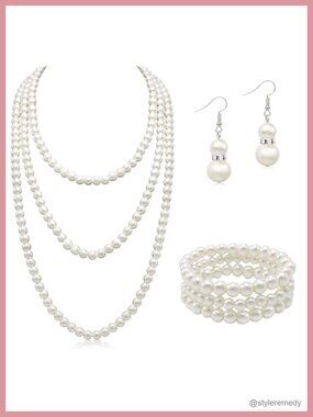 Long Faux Pearl Necklace Set with Bracelet and Earrings